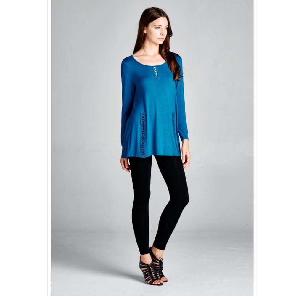 Solid Long Sleeve Top with Lace Trim